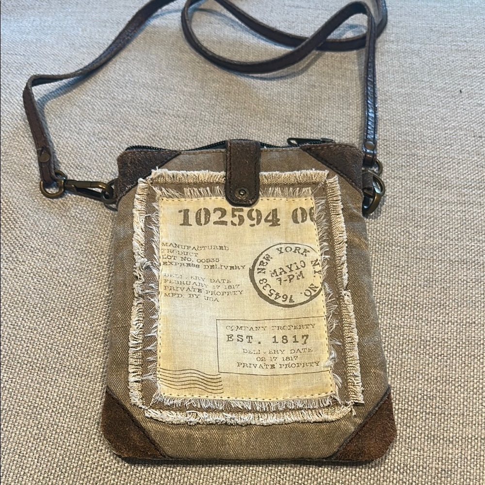 Mona B Brown Messenger Bag with Vintage Postal Design